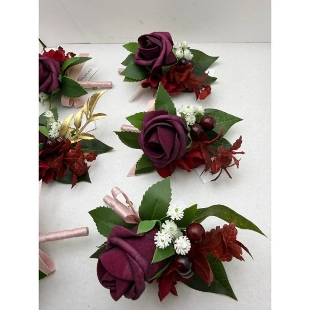 6pc Burgundy Plum‎ Rose Boutonniere Set Wedding Groomsmen Gold Leaf Silk Flowers